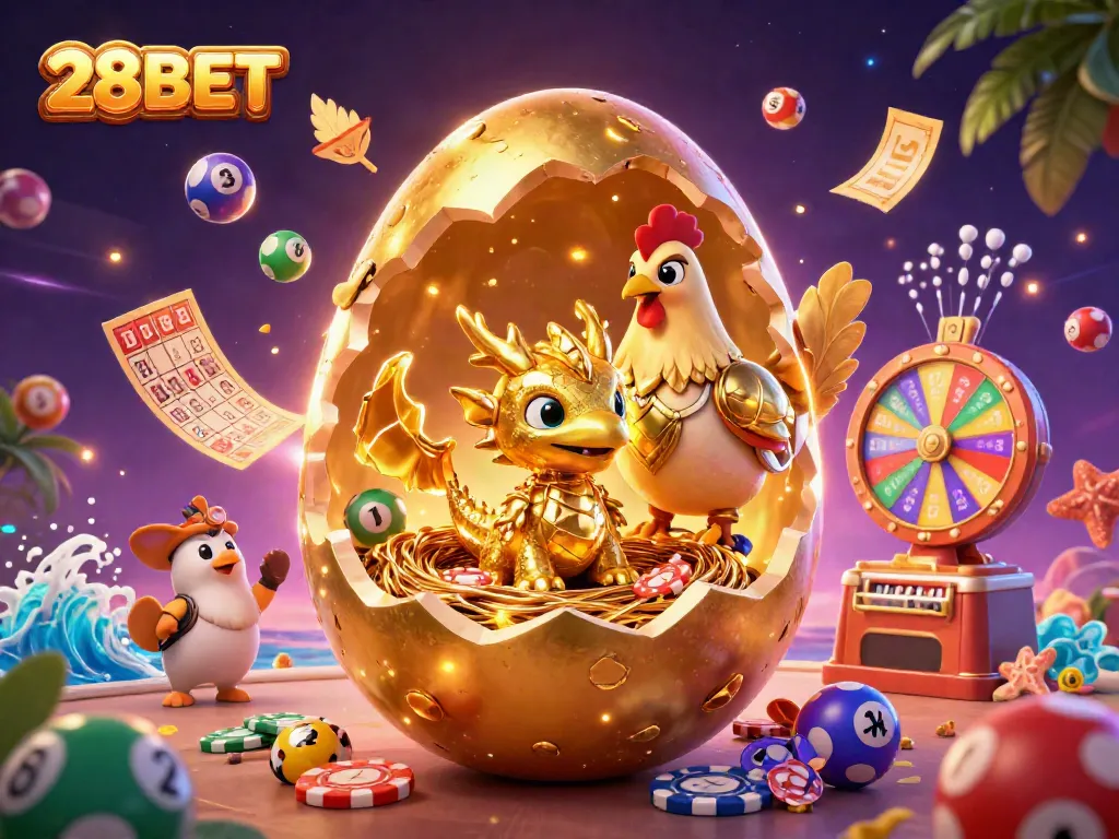 Experience thrilling luck with 28BET's vibrant 3D illustration of a golden dragon amidst colorful casino elements.