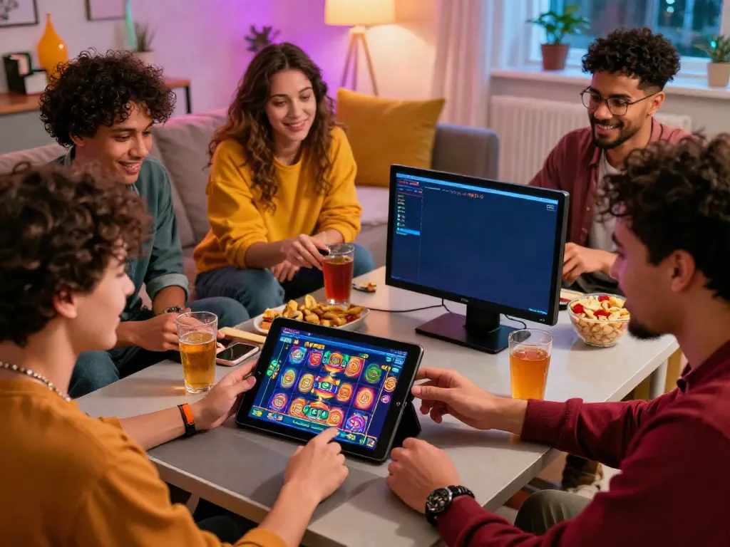 Group of friends enjoying games at a non UK casino on a tablet in a lively home setting.