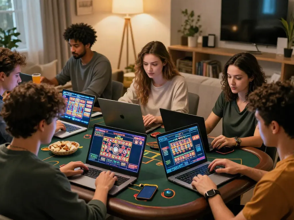 Players enjoying non UK casino games in a lively living room setting.