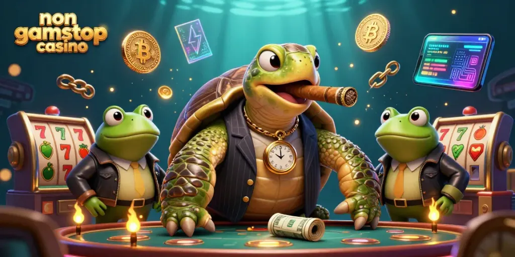 Experience the excitement of a non gamstop casino with vibrant, cartoonish 3D characters and dynamic casino elements.