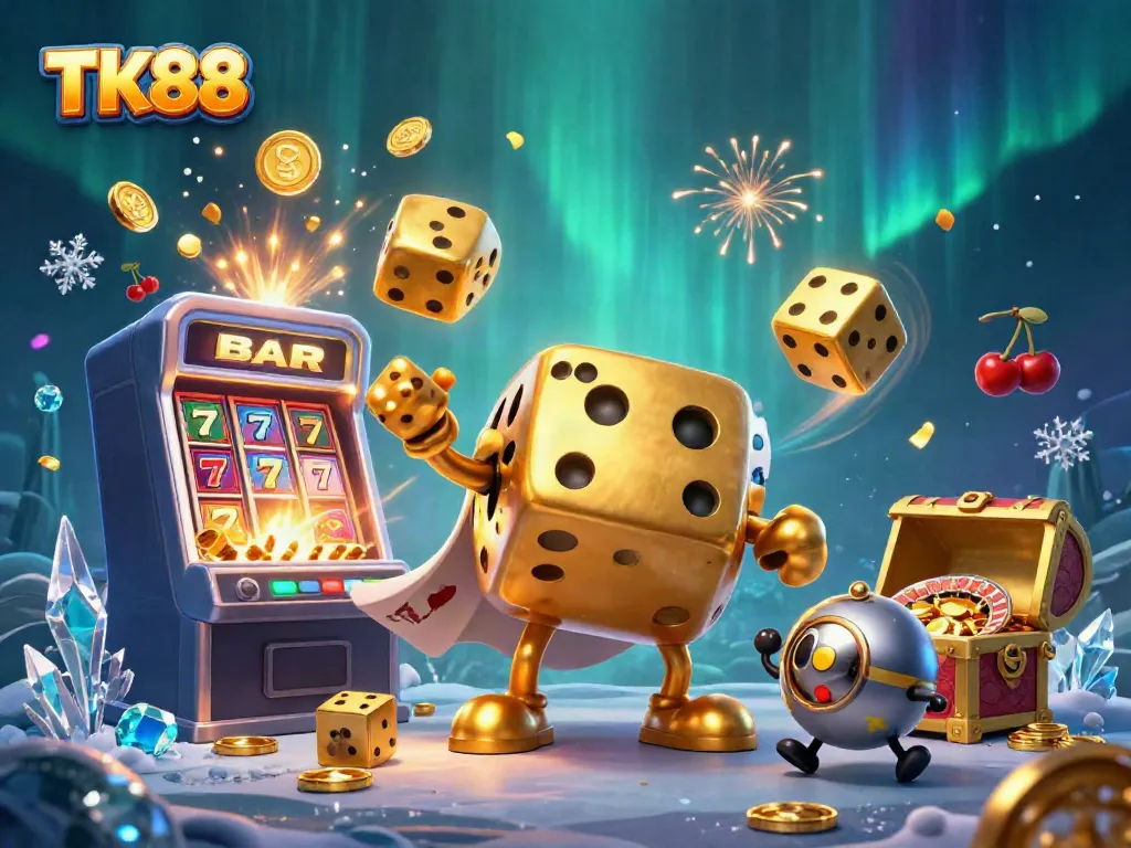 Engage with thrilling games at TK88 as golden dice and vibrant casino symbols animate the excitement.