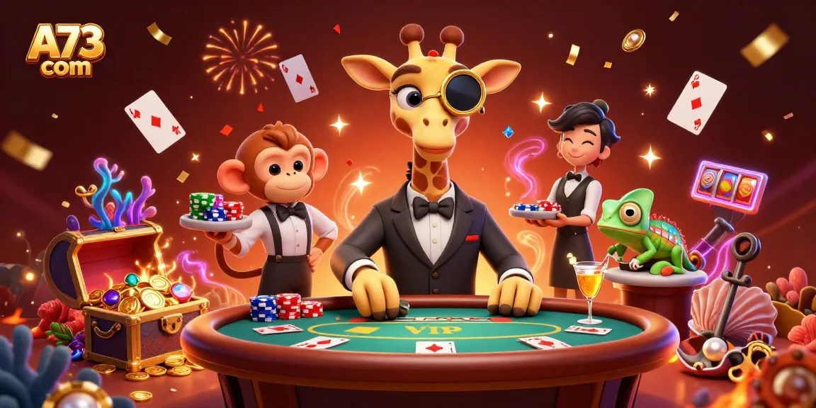 A73 com oferece uma experiência vibrante com girafa jogando pôquer e tesouros submersos ao fundo.