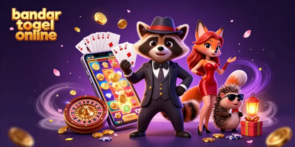 Experience the thrill of bandar togel online with a raccoon in a casino setting showcasing winning cards.