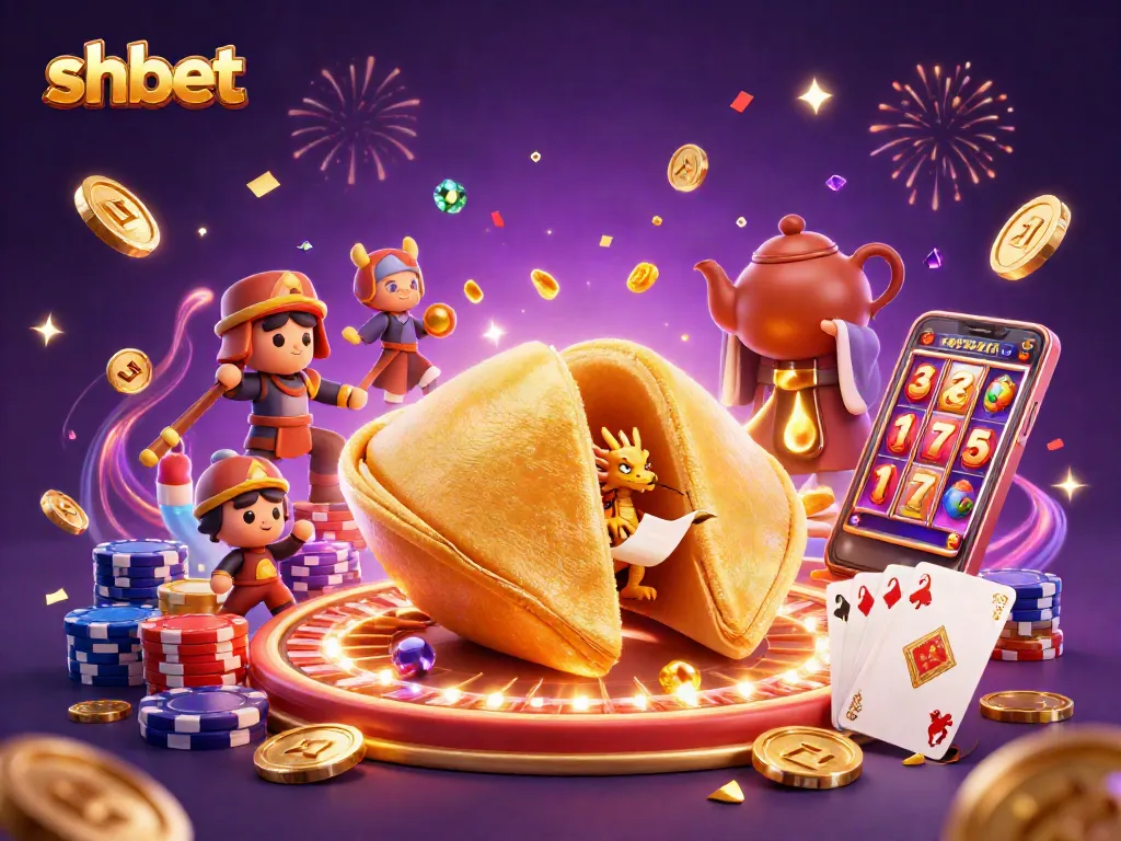 Engage with shbet in this vibrant, detailed illustration showing a gold fortune cookie amidst a lively casino atmosphere.
