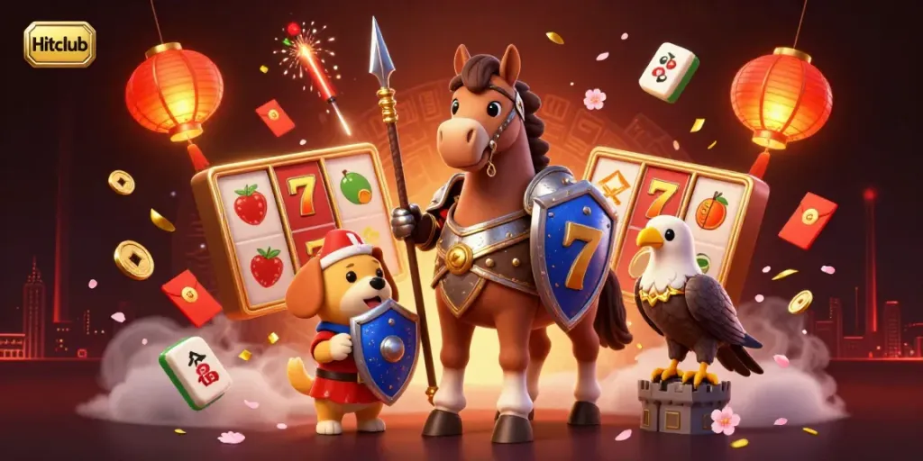 Hitclub promotes excitement with a knight, puppy, and falcon in a dynamic slots scene filled with thrilling casino elements.