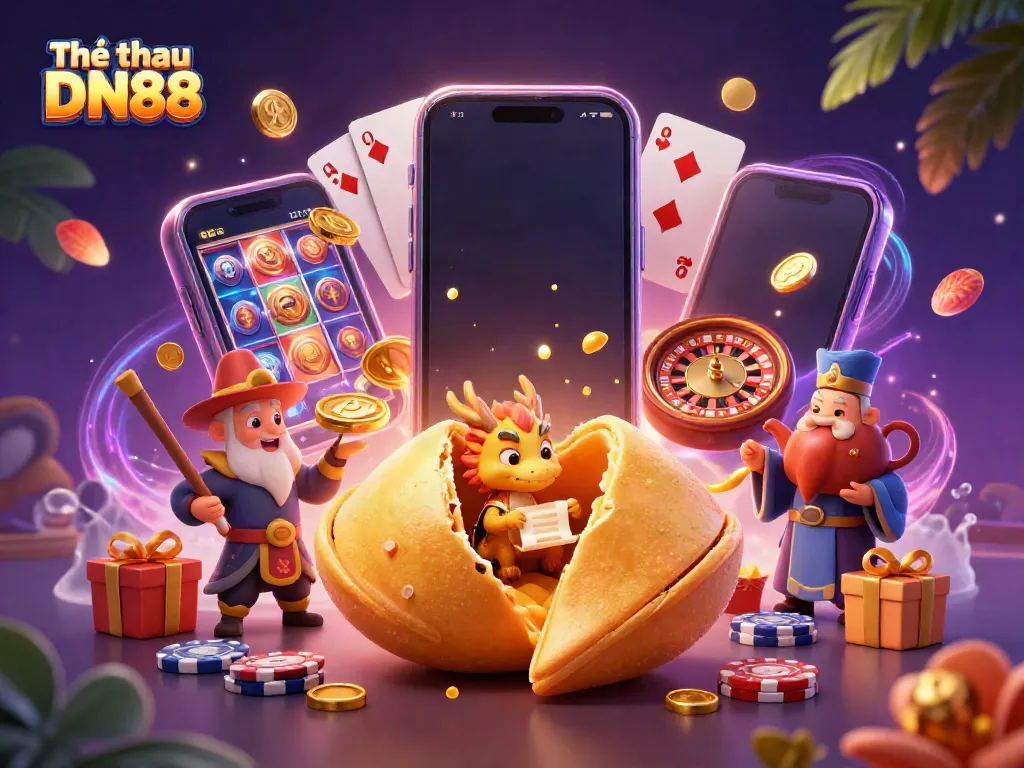 Engage in Thể thao DN88 with a vibrant festival of winning scenes, featuring a giant golden fortune cookie and dynamic betting elements.