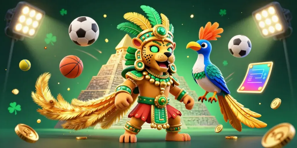 S8 showcases a vibrant 3D scene of a Mayan jaguar priest with sports elements, capturing the essence of online gaming.