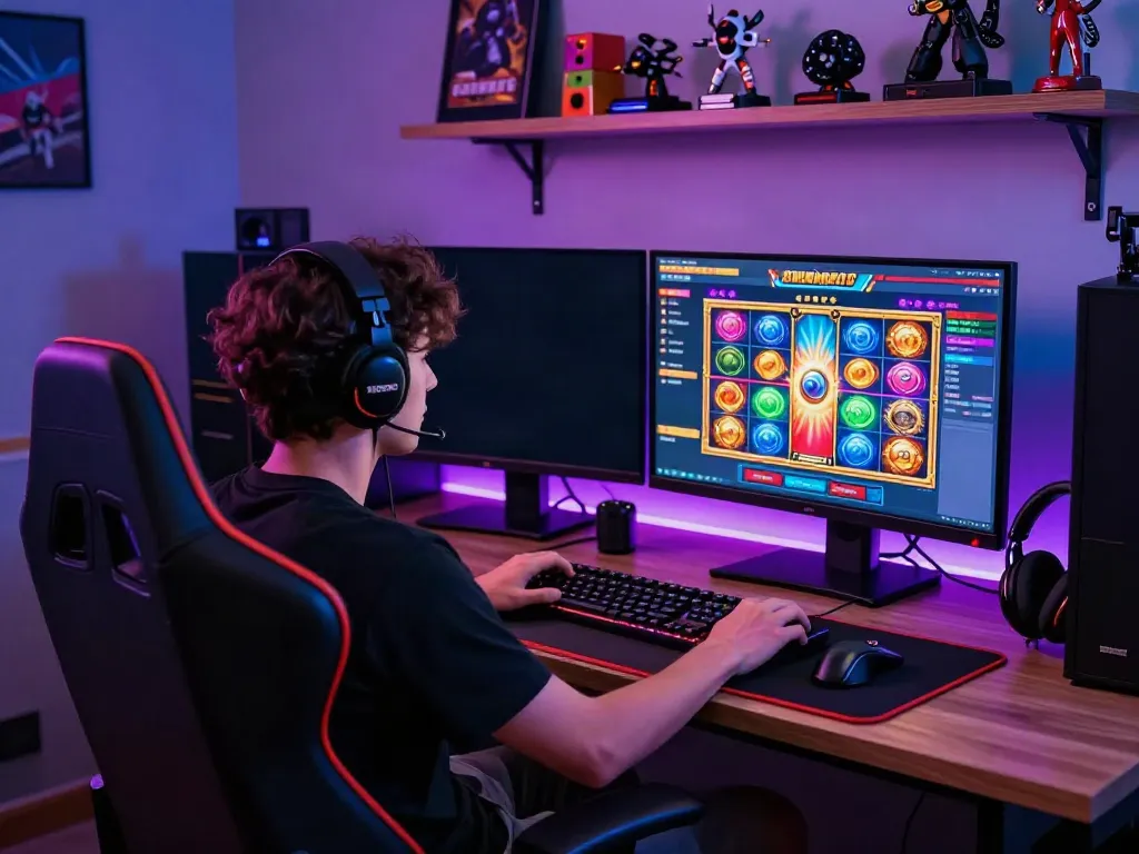 Engaged player enjoying a non UK casino game experience on a colorful gaming setup.