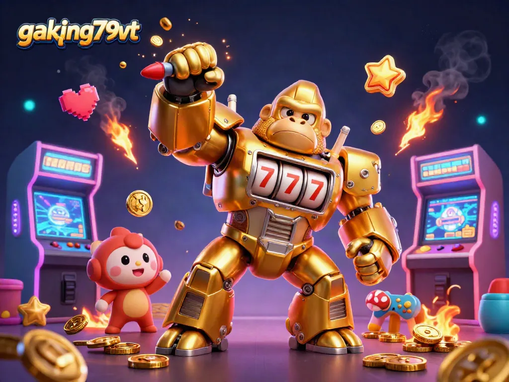 gaking79vt showcases an explosive casino scene with a golden mech slot machine, highlighting action and excitement.