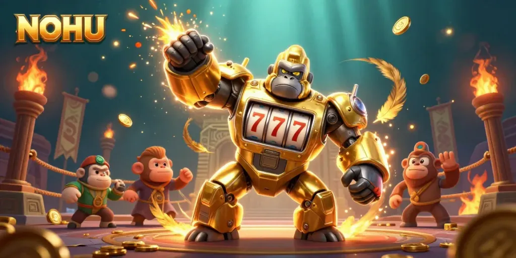 Engage with NOHU's thrilling jackpot action, featuring a golden gorilla mech and winning coins.