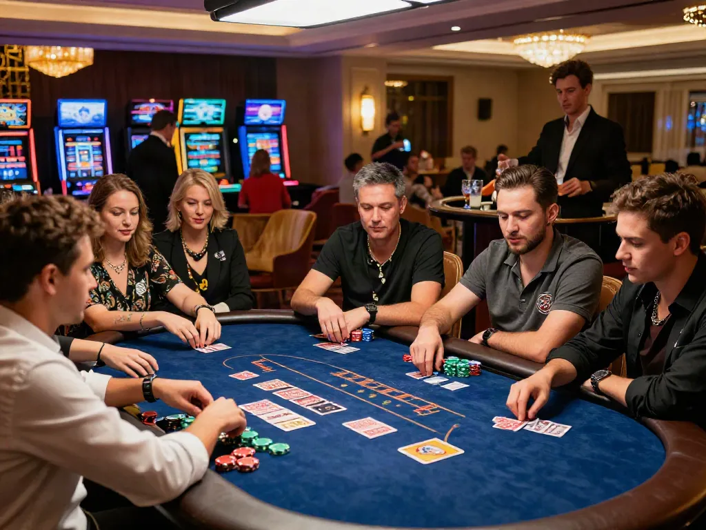 Non UK casino players enjoying an exciting poker game in a vibrant atmosphere.
