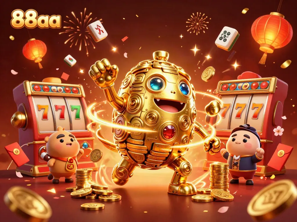 Experience the excitement of 88aa with a dynamic illustration of gaming symbols and a golden golem.