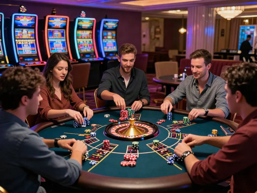 Exciting gameplay at a non UK casino with diverse players and vibrant virtual tables.