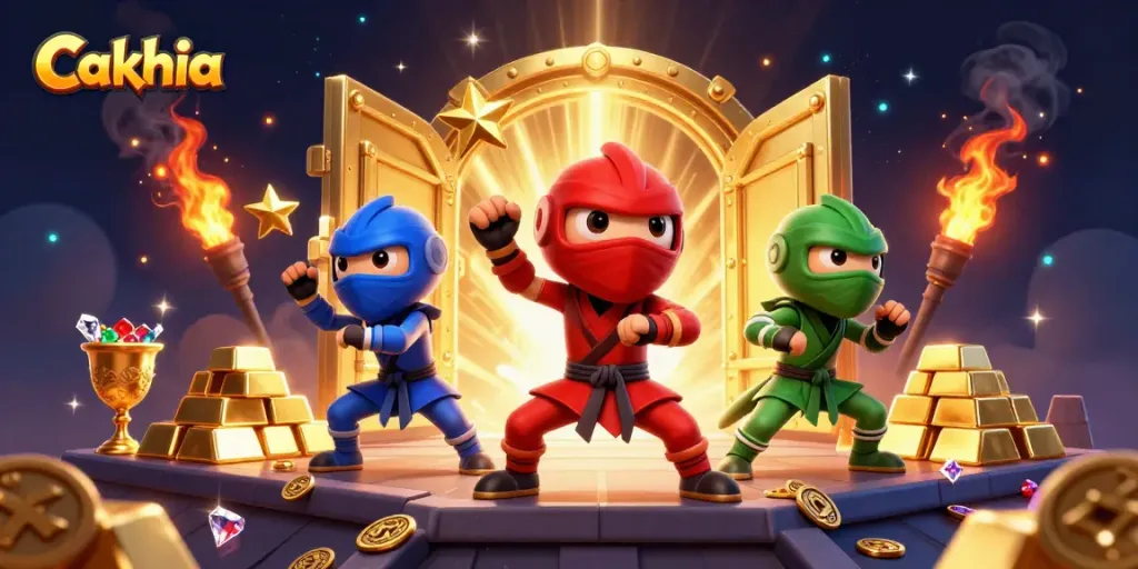Cakhia showcases a dynamic online betting scene with colorful ninja chameleons amidst golden treasures.