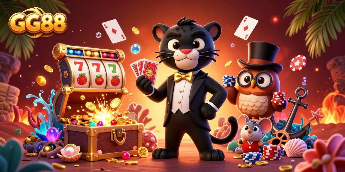 Experience thrilling gameplay with GG88 as a stylish panther deals cards amidst vibrant casino elements.