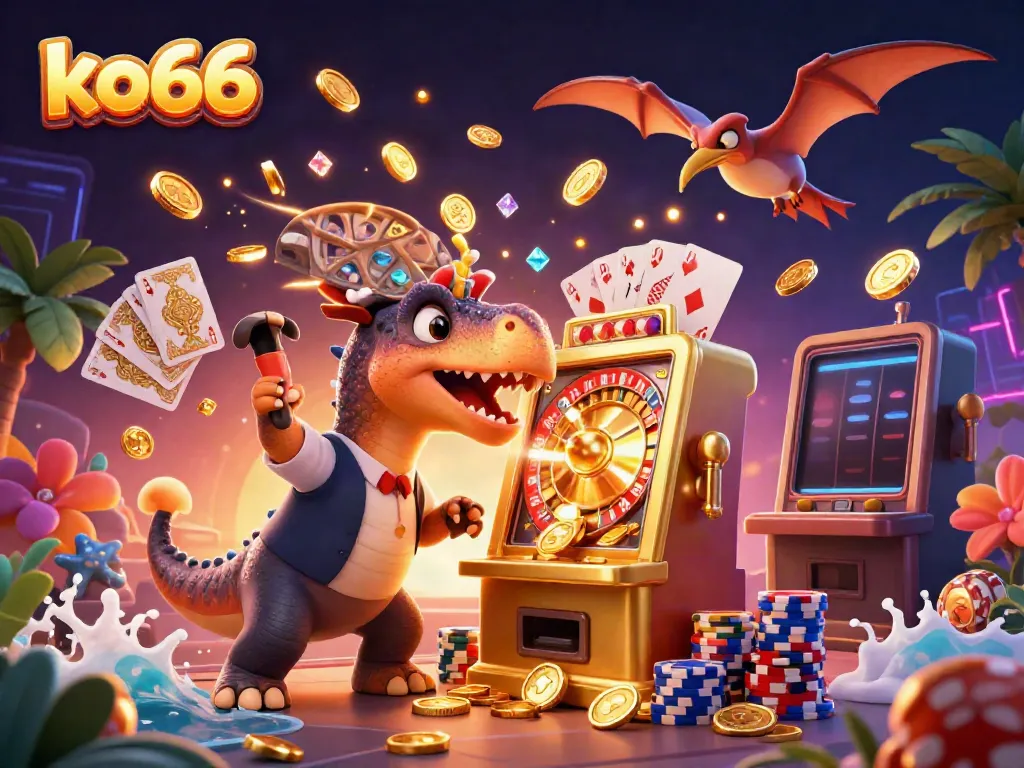 Experience the excitement of KO66 with a cartoon dinosaur winning jackpots at a casino.