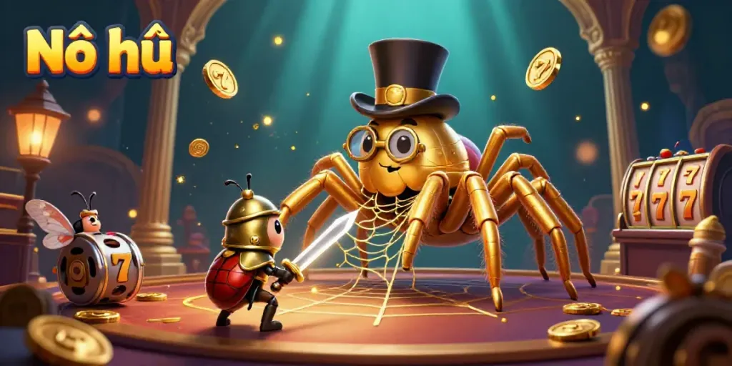 Experience the excitement of Nổ hũ with this vibrant and detailed casino scene featuring a golden spider and beetle knight.