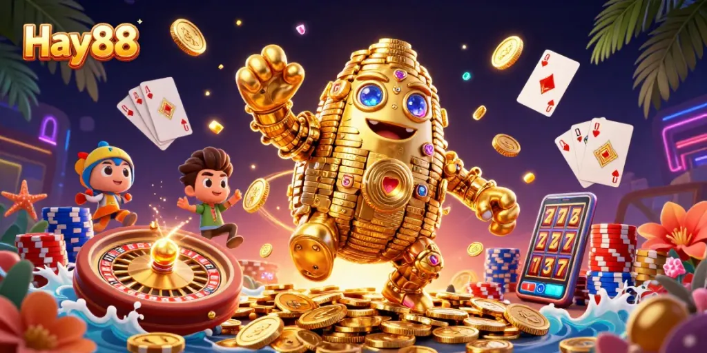 Spin and win with Hay88's enchanting golem illustration showcasing a vibrant casino scene.