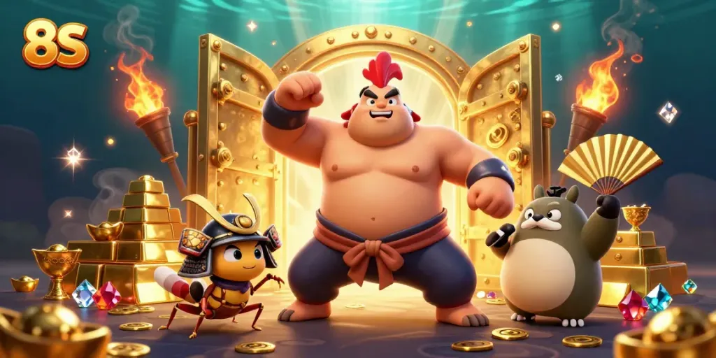 Play exciting games at 8S casino with sumo rooster and samurai cricket surrounded by treasures.