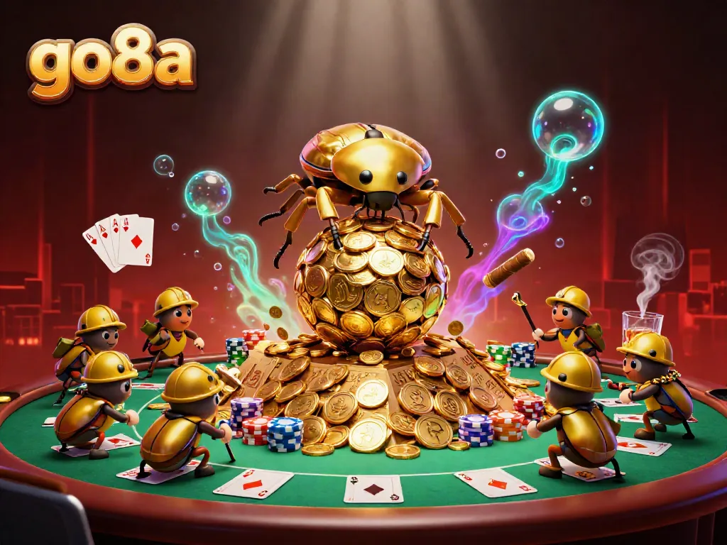 Engaging casino scene with go8a branding, showcasing golden beetles and vibrant poker items.