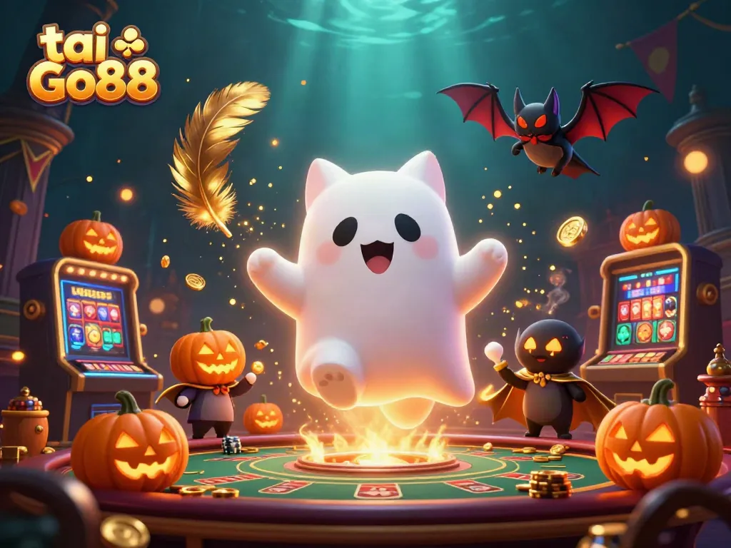 Join the fun and play tai Go88 with a friendly ghost cat and a vampire bat in this enchanting casino scene.