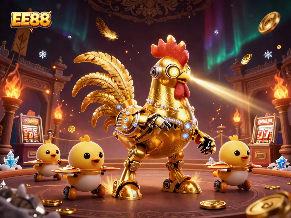 Engage with EE88 casino excitement through a thrilling illustration of a golden rooster robot amid dynamic slots.