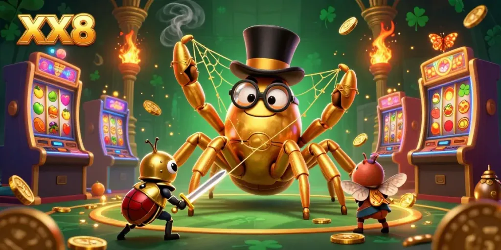 Experience thrilling gaming action in XX8's vibrant casino scene filled with jackpots and colorful characters.