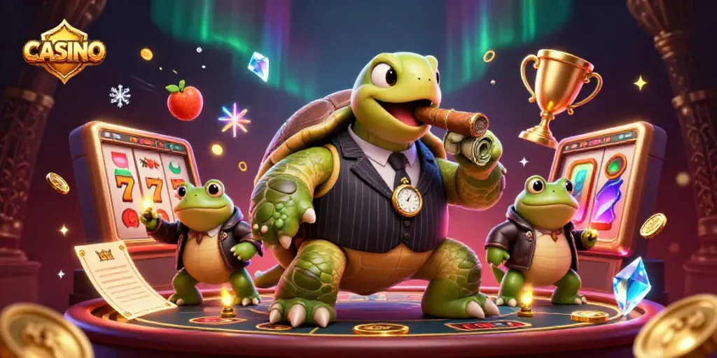 Engaging illustration showcasing a CASINO scene with a mobster snapping turtle and bullfrog enforcers surrounded by vibrant gambling elements.