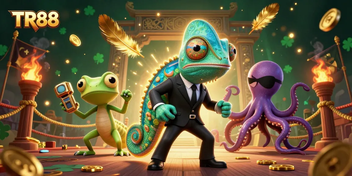 Spin to win with TR88 in this vibrant, dynamic casino scene featuring colorful characters and exciting game elements.