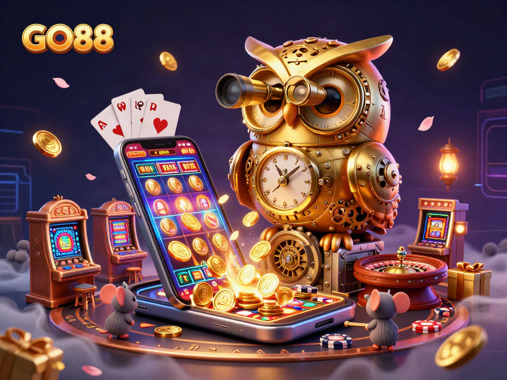 Experience thrilling gaming with GO88’s vibrant casino action featuring a clockwork owl and mini-mouse patrons.