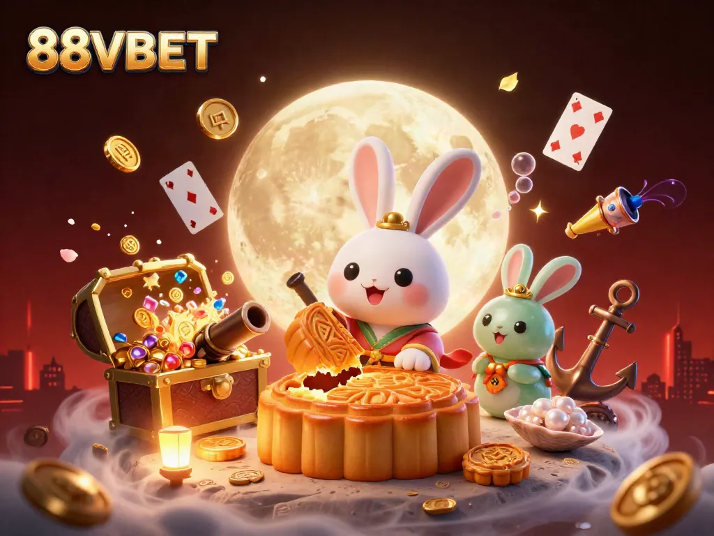 88VBET features a 3D moon rabbit with poker chips, surrounded by gold coins and game elements.