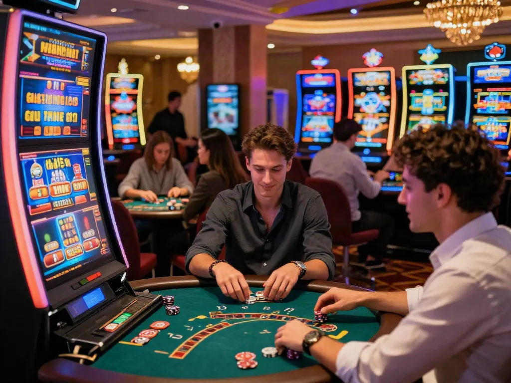 Exciting scene at a non UK casino with diverse players enjoying various games and vibrant decor.