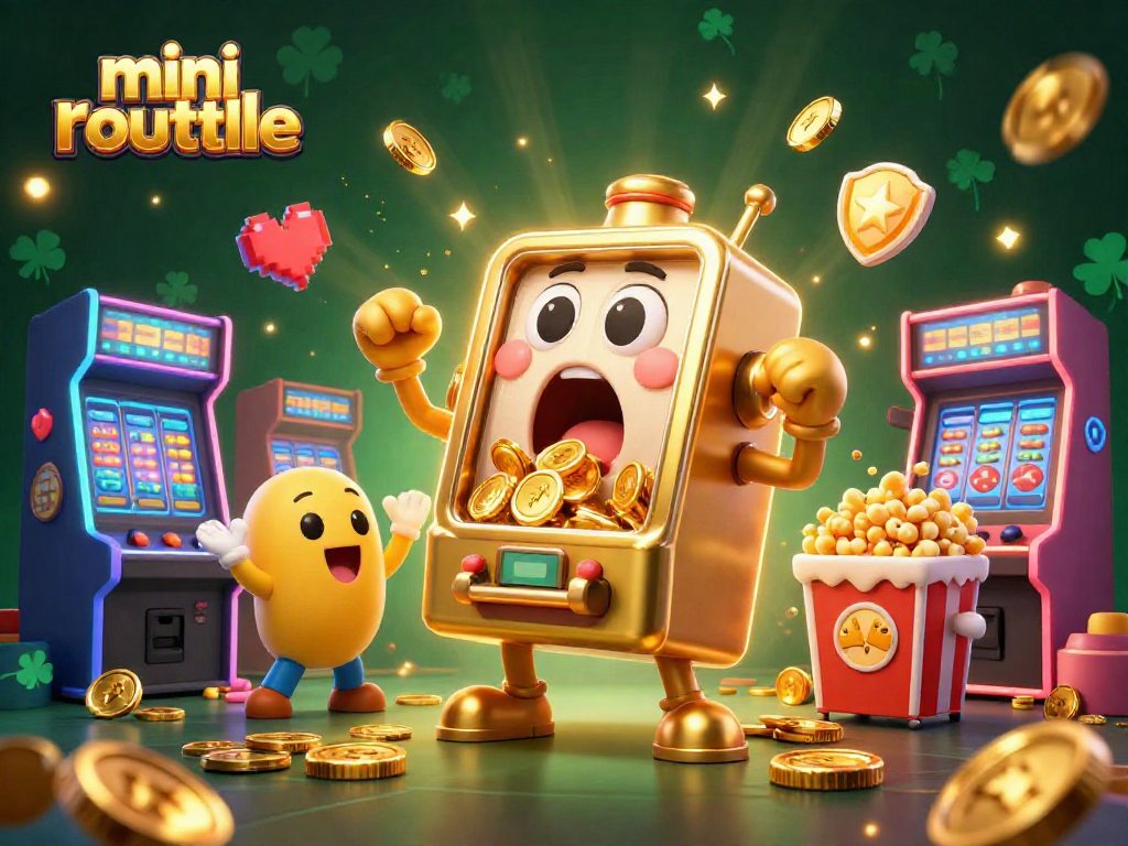 Experience the thrill of mini roulette with playful slot machines celebrating a big jackpot amidst a vibrant gaming scene.