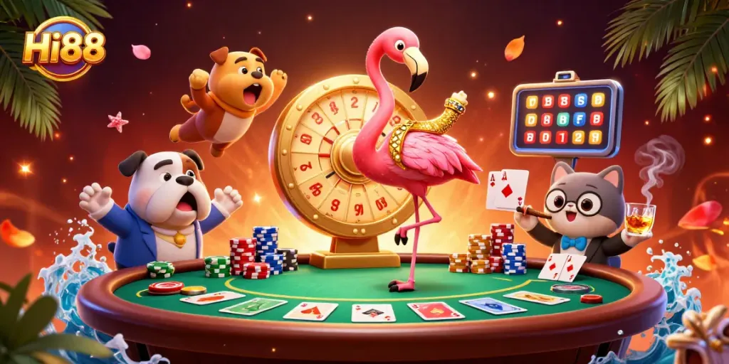 Spin the prize wheel and win exciting rewards at Hi88 with lively casino characters and game elements.
