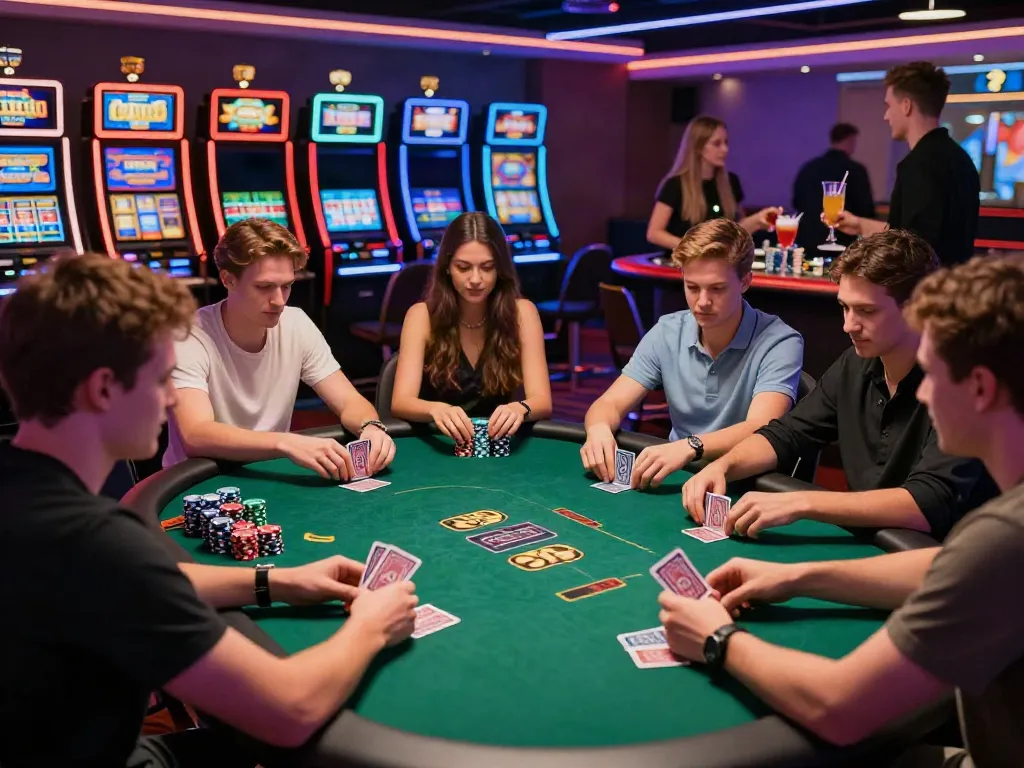 Exciting non UK casino gaming scene with diverse players at poker table enjoying vibrant atmosphere.