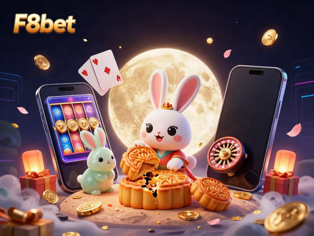 Experience the excitement of F8bet with unique casino-themed elements featuring rabbits and mooncakes.