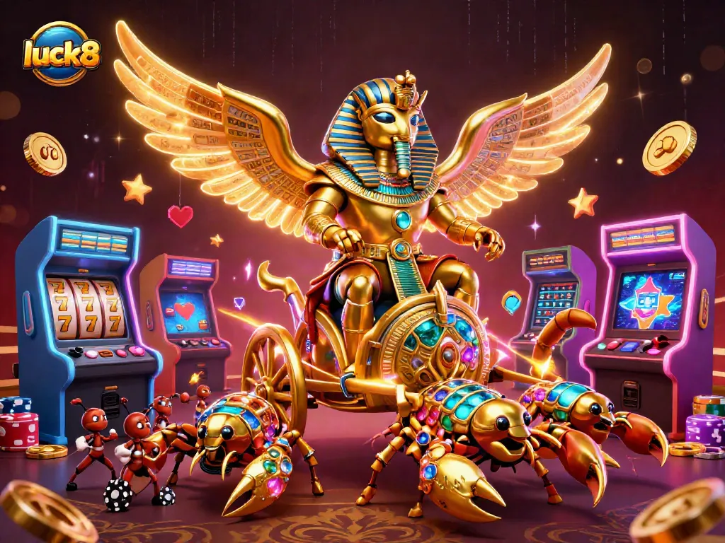 Experience the thrill of luck8 with a dynamic 3D illustration of casino elements including a golden scarab and vibrant slot reels.