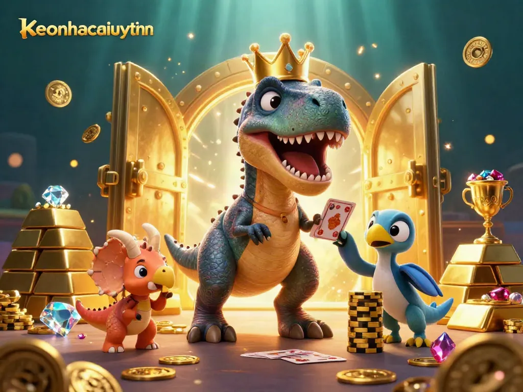 Engage in thrilling bets at keonhacaiuytinn with cartoon dinosaurs shuffling cards and stacking chips.