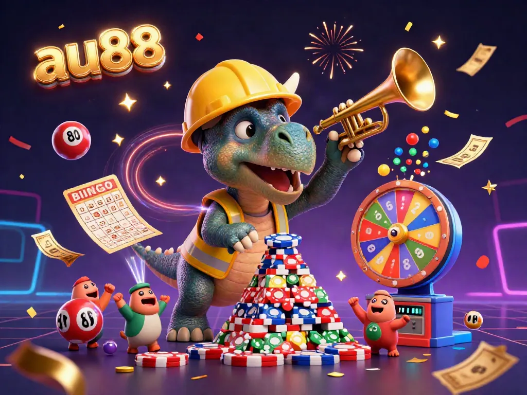 Join the fun at au88 with cartoon dinosaurs celebrating wins among colorful bingo elements and confetti!