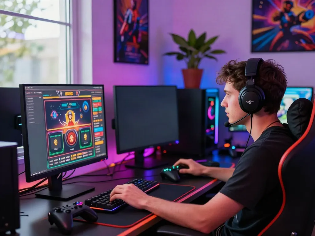 Engaged gamer exploring non UK casino online with vibrant lighting and modern setup.