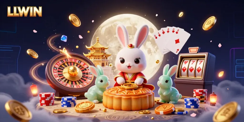 Experience the excitement of LLWIN with a vibrant 3D illustration showcasing traditional motifs and casino elements.