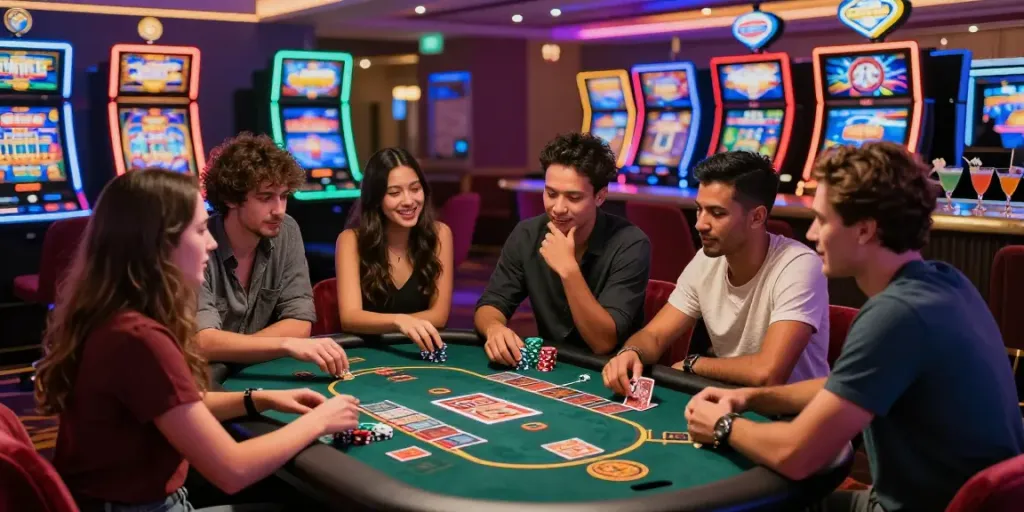 Diverse group enjoying a non UK casino, playing cards and socializing in a vibrant, upscale environment.