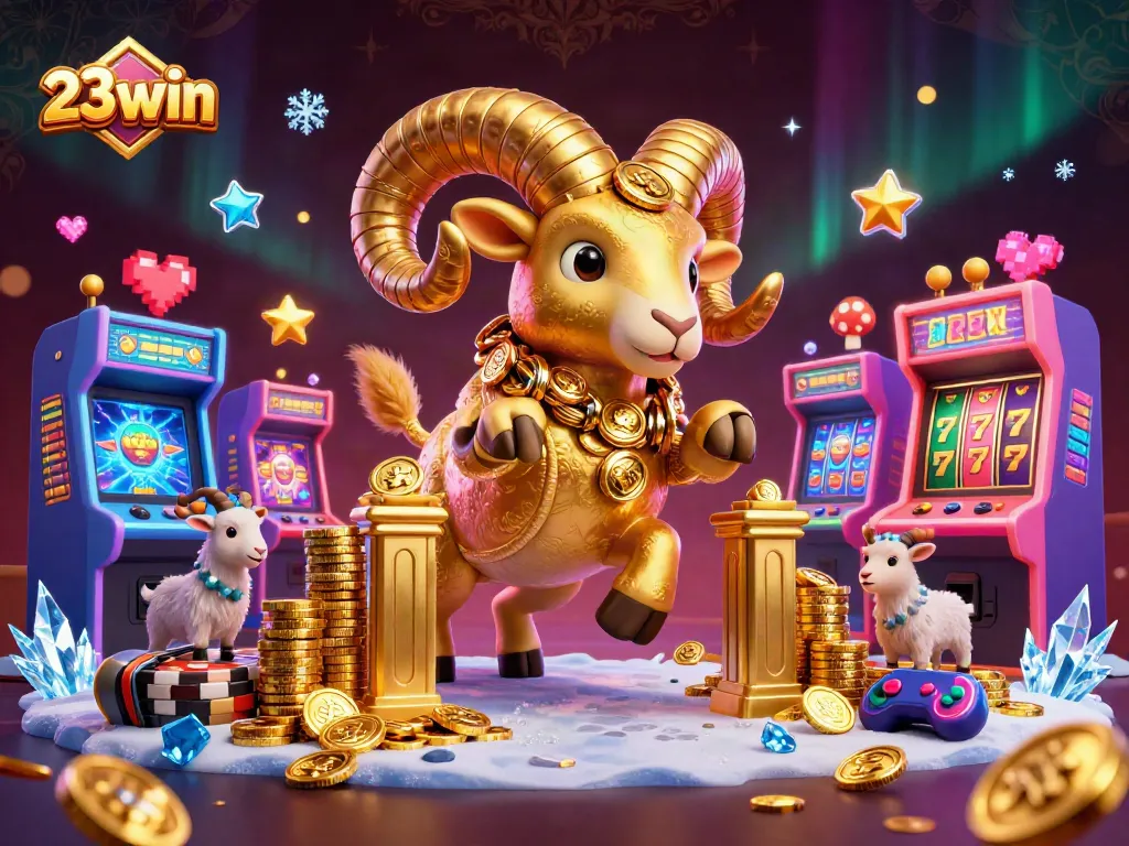 23win showcases dynamic casino action with a vibrant golden ram charging through colorful 3D gaming machines.