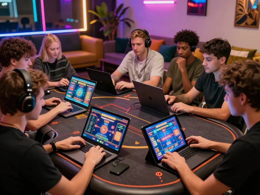 Engaging scene of players enjoying a non UK casino gaming experience in a lively lounge environment.