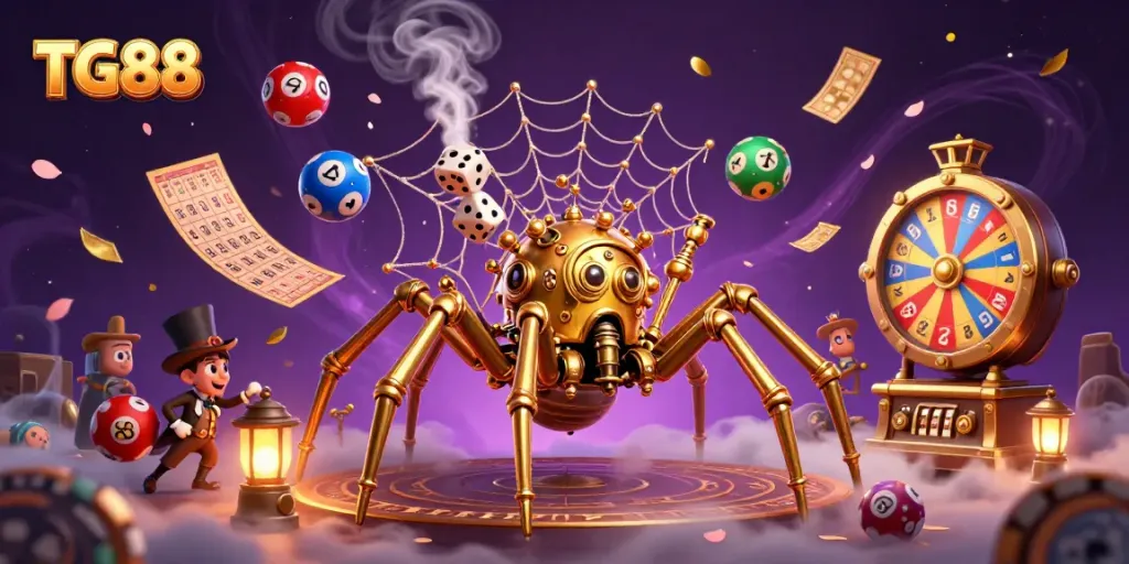 Engage with TG88 as the steampunk golden spider captivates the casino world, surrounded by dynamic lottery elements.