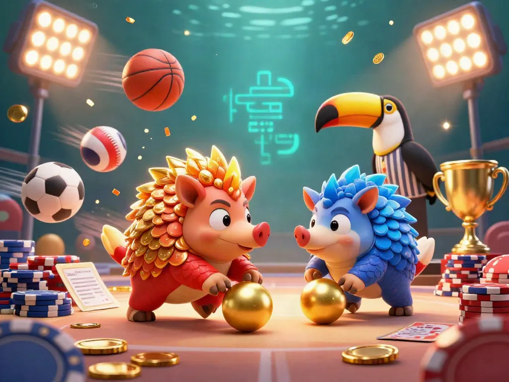 SUNWIN pangolins compete in a dynamic casino game scene with poker chips and sports elements.