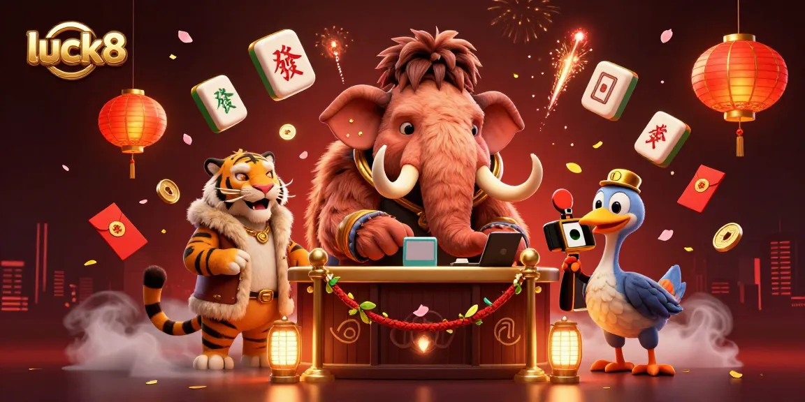 Experience luck8's vibrant casino atmosphere with a bouncer, VIP guest, and doorman celebrating in a colorful setting.