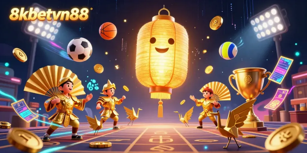 8xbetvn88 offers a vibrant 3D casino scene featuring a golden lantern spirit surrounded by dynamic sports elements and lucky symbols.