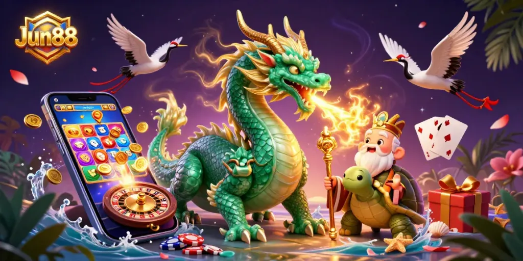 Experience thrilling wins at Jun88 with a vibrant 3D scene featuring luck-filled casino elements.