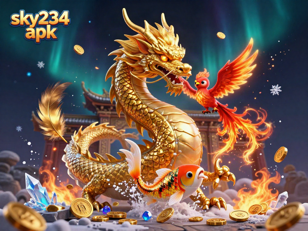Engage with the sky234 apk experience featuring a golden dragon, phoenix, and koi fish amidst vibrant casino elements.